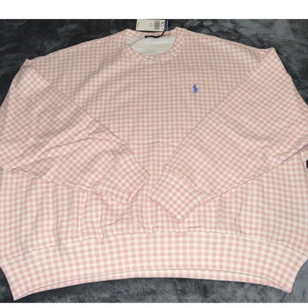 Polo Ralph Lauren Gingham Fleece Sweatshirt Pink White size large